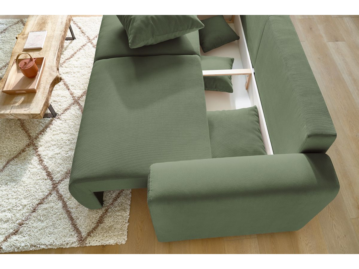 Bobochic Envy Schlafsofa 3-Sitzer mit Bettkasten und Pouf Cordsamt Grün