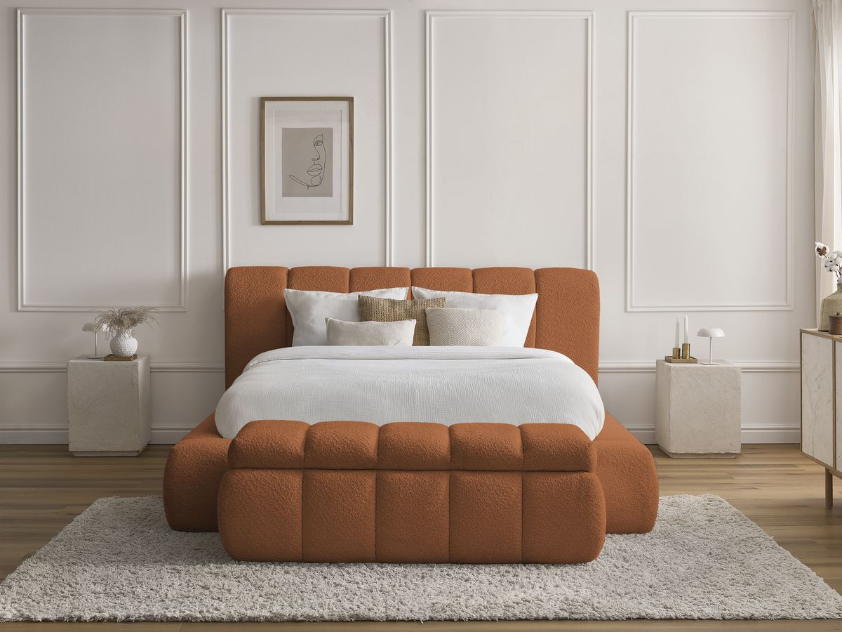 Bobochic Denali Polsterbett mit Bettkasten mit Bettbank Bouclé-Stoff Orange, Liegefläche 140 × 190 cm