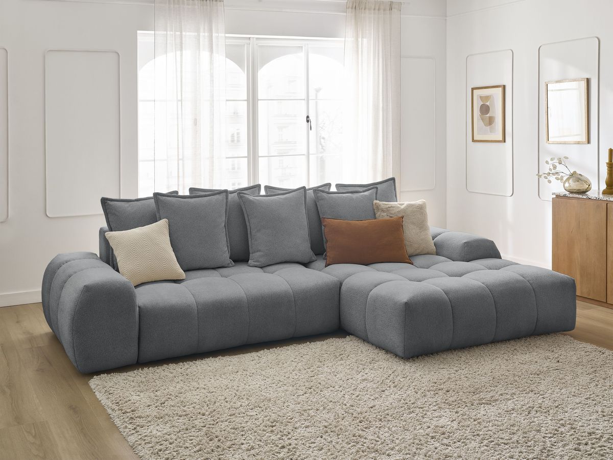 Bobochic Everest Ecksofa mit Schlaffunktion und Bettkasten 318 × 180 cm, 7 Kissen Melange-Stoff Dunkelgrau Ecke rechts
