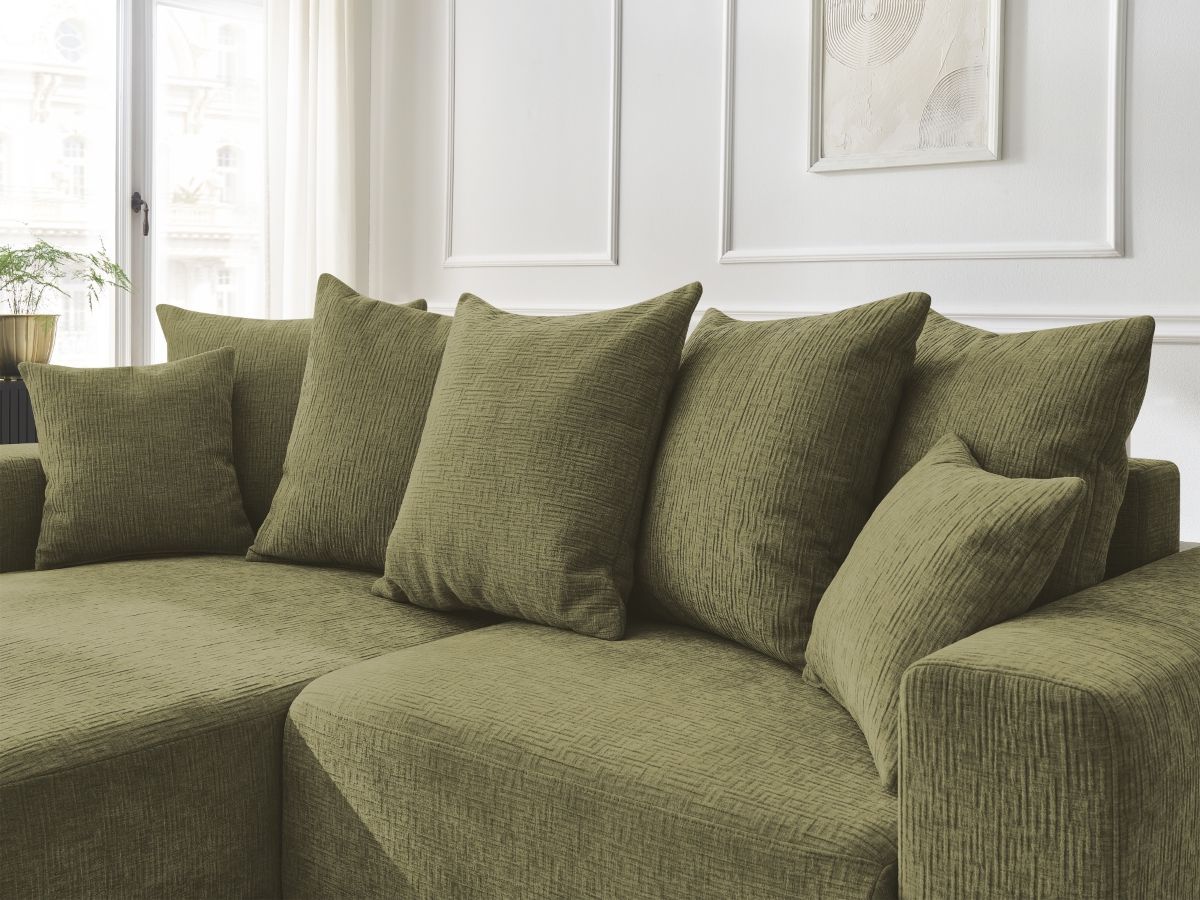 Bobochic Atilla Ecksofa mit Schlaffunktion und Bettkasten Strukturstoff Grün Ecke links