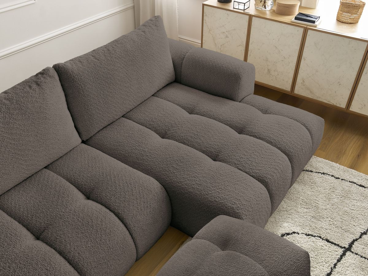 Bobochic Fuji Ecksofa mit Schlaffunktion und Bettkasten und Pouf 292 × 160 cm Bouclé-Stoff Braun Ecke rechts