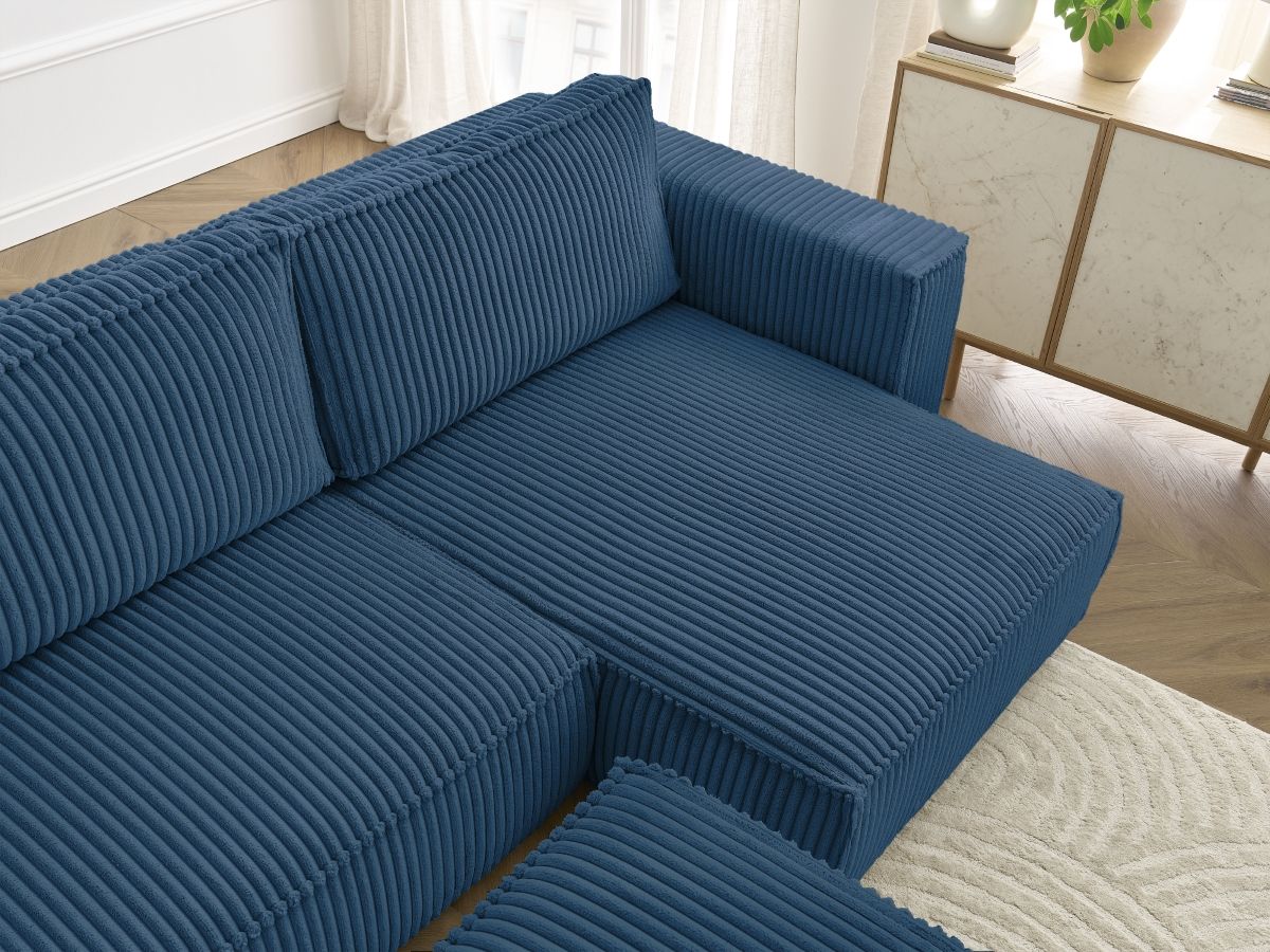 Bobochic Chelsea Ecksofa mit Schlaffunktion und Bettkasten und Pouf Breitcord weich Dunkelblau