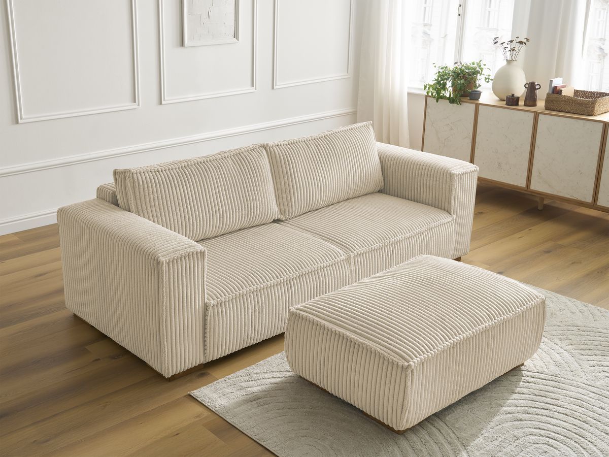 Bobochic Chelsea Sofa 4-Sitzer mit Pouf Breitcord weich Taupe