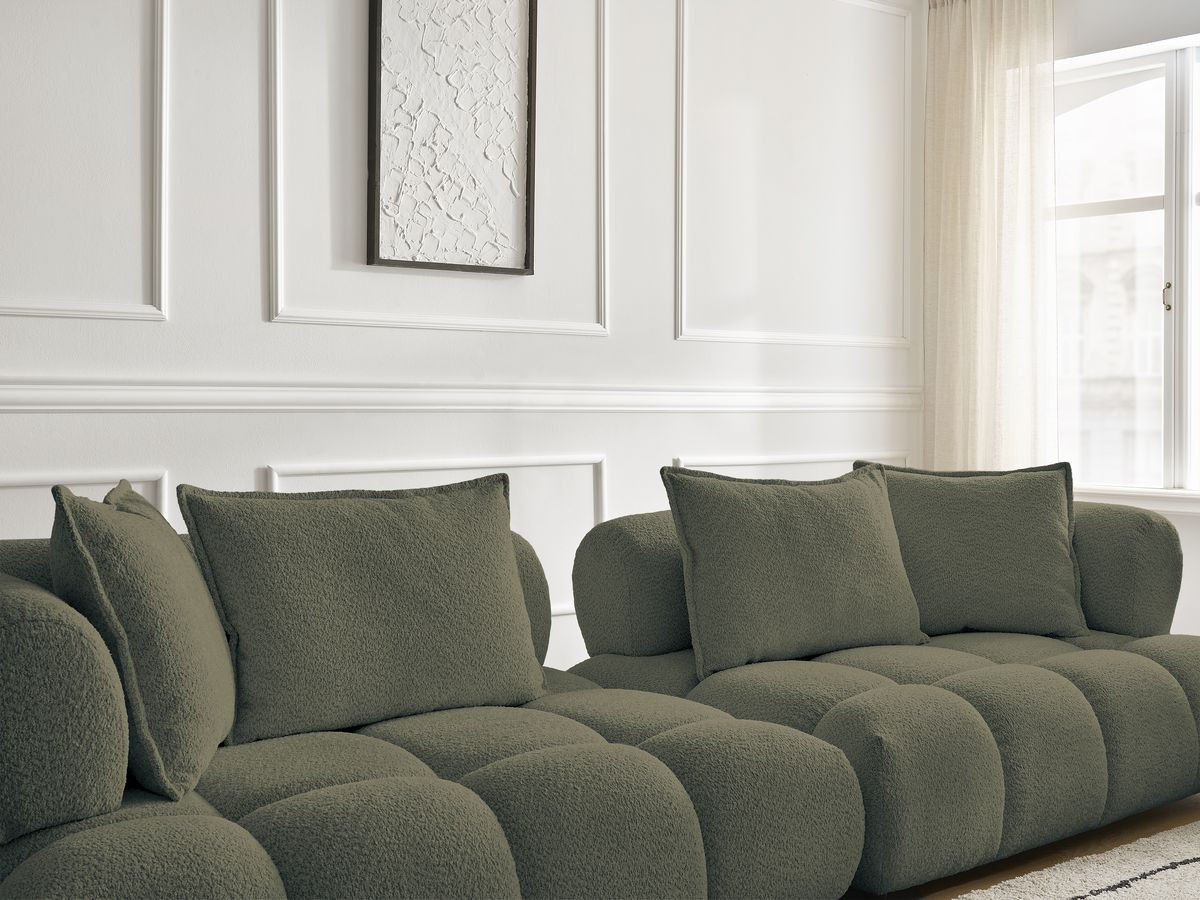 Bobochic Alya Sofa 4-Sitzer mit Pouf Bouclé-Stoff Grün