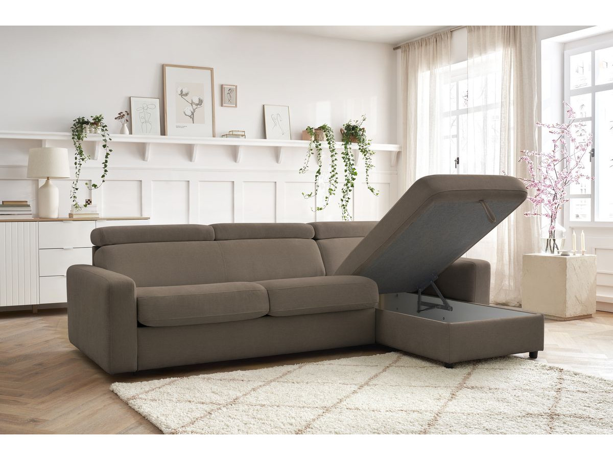 Bobochic Monaco Ecksofa mit Schlaffunktion und Bettkasten Stoff Braun, Liegefläche 160 × 190 cm