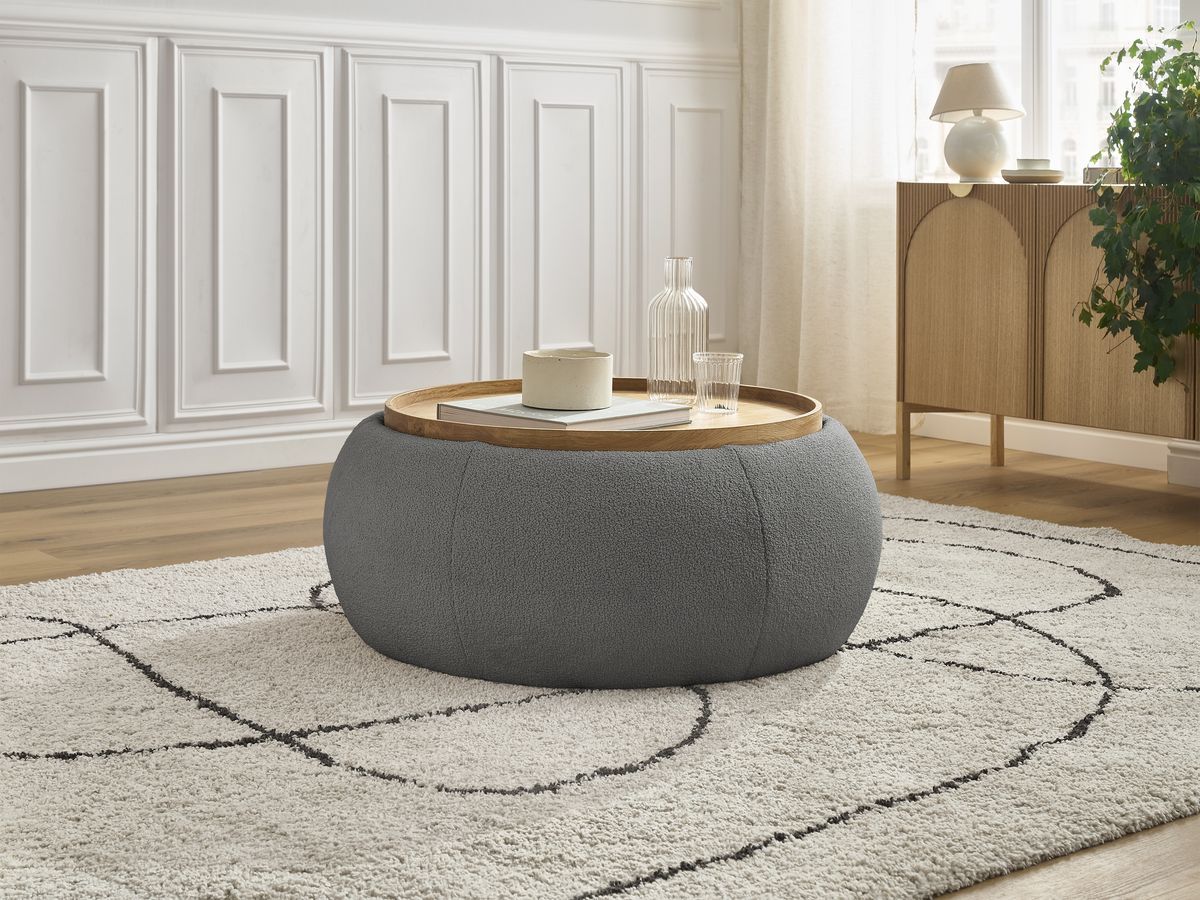 Bobochic Hayden Pouf mit Tablett, rund Bouclé-Stoff Dunkelgrau, 87 cm
