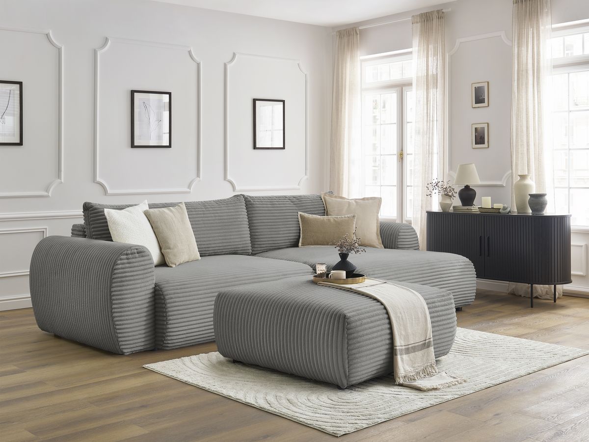 Bobochic Lucien Ecksofa mit Schlaffunktion und Bettkasten und Pouf 314 × 167 cm Breitcord weich Dunkelgrau Ecke rechts