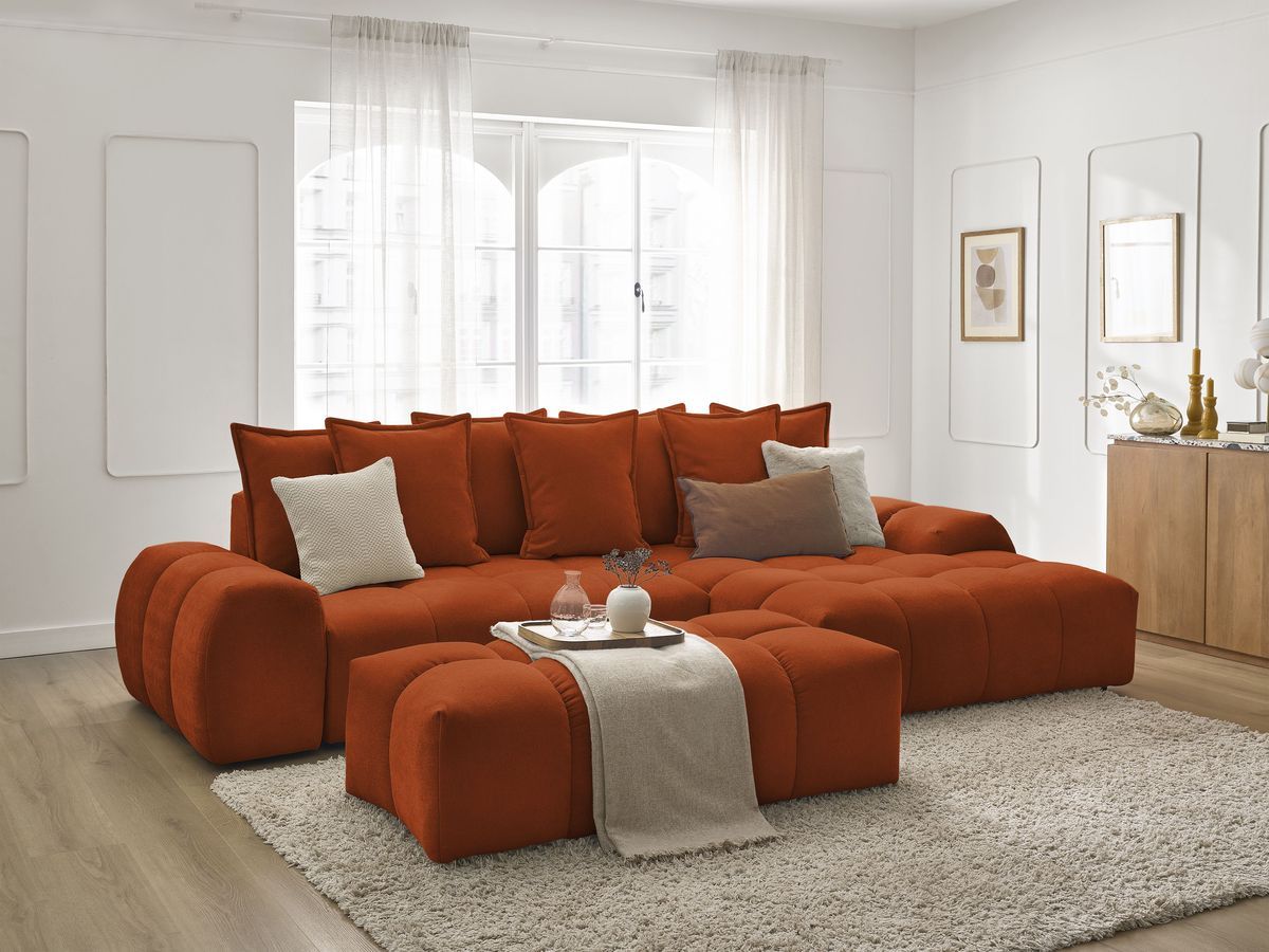 Bobochic Everest Ecksofa mit Schlaffunktion und Bettkasten und Pouf 318 × 180 cm, 7 Kissen Strukturstoff Orange Ecke rechts