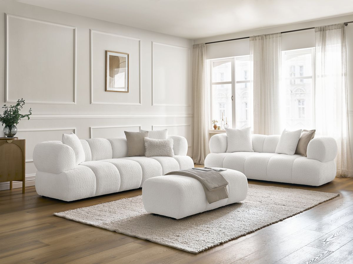 Bobochic Pamira Sofa 5-Sitzer mit Pouf Bouclé-Stoff Weiß