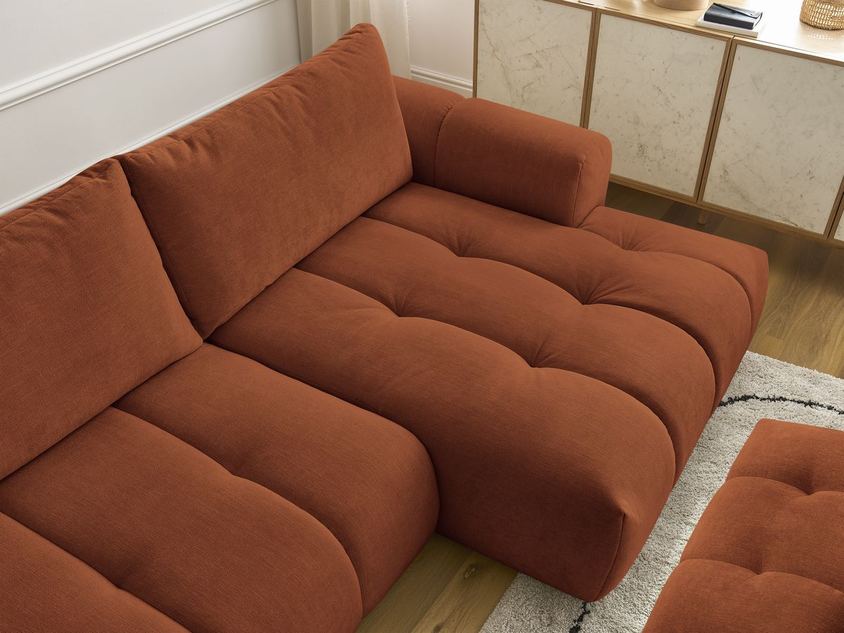 Bobochic Fuji Ecksofa mit Schlaffunktion und Bettkasten und Pouf 292 × 160 cm Stoff Orange Ecke rechts