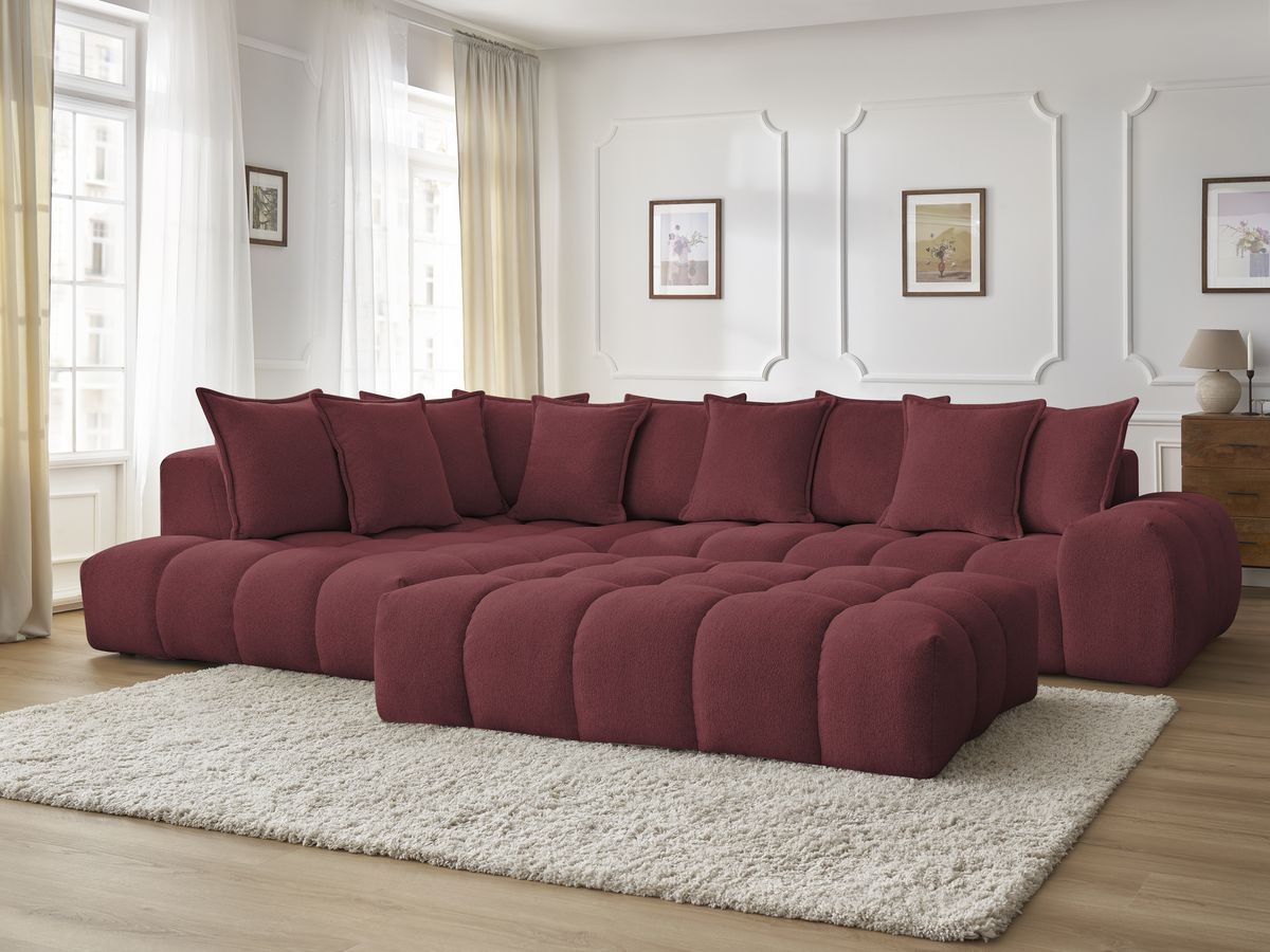 Bobochic Everest Ecksofa mit Schlaffunktion und Pouf, 10 Kissen Melange-Stoff Rot Ecke links