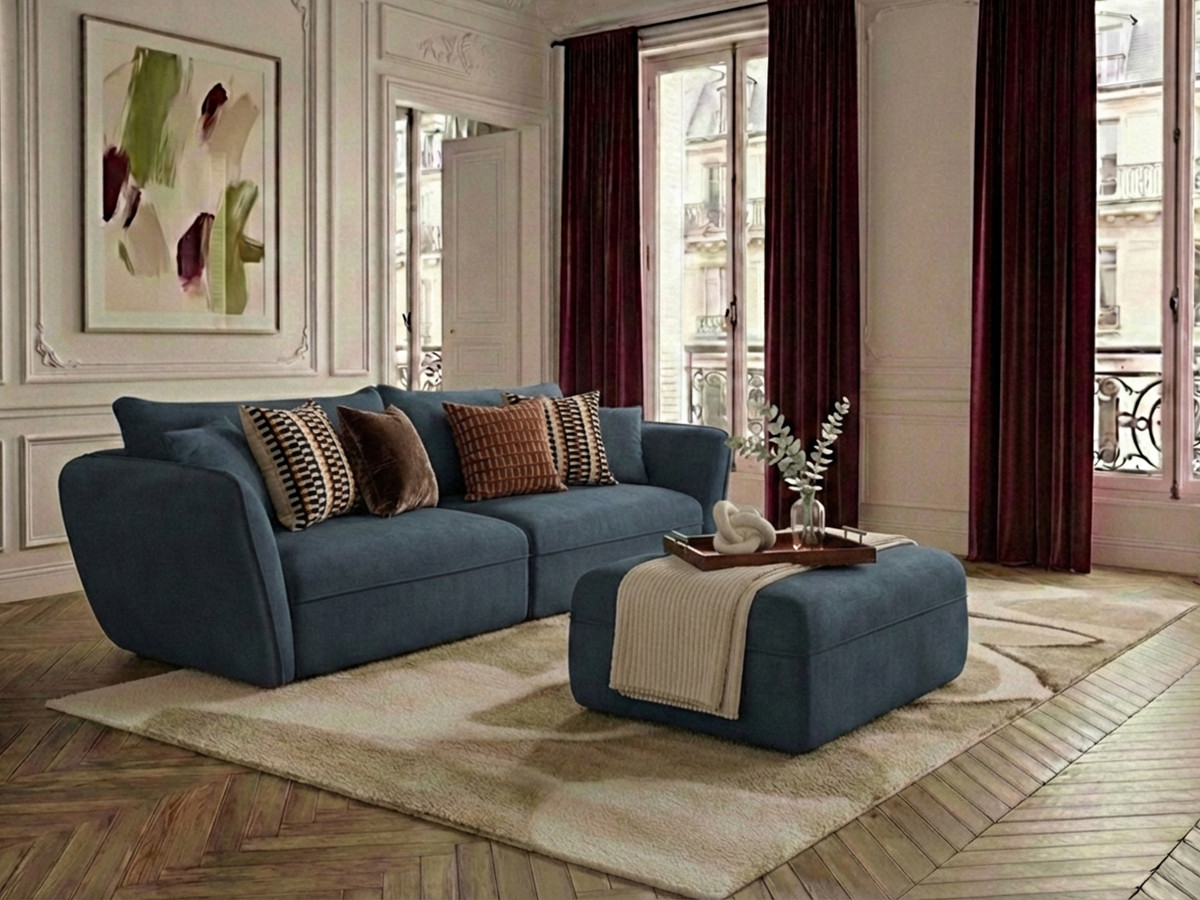 Bobochic Luigi Sofa 3-Sitzer mit Pouf Strukturstoff Blau