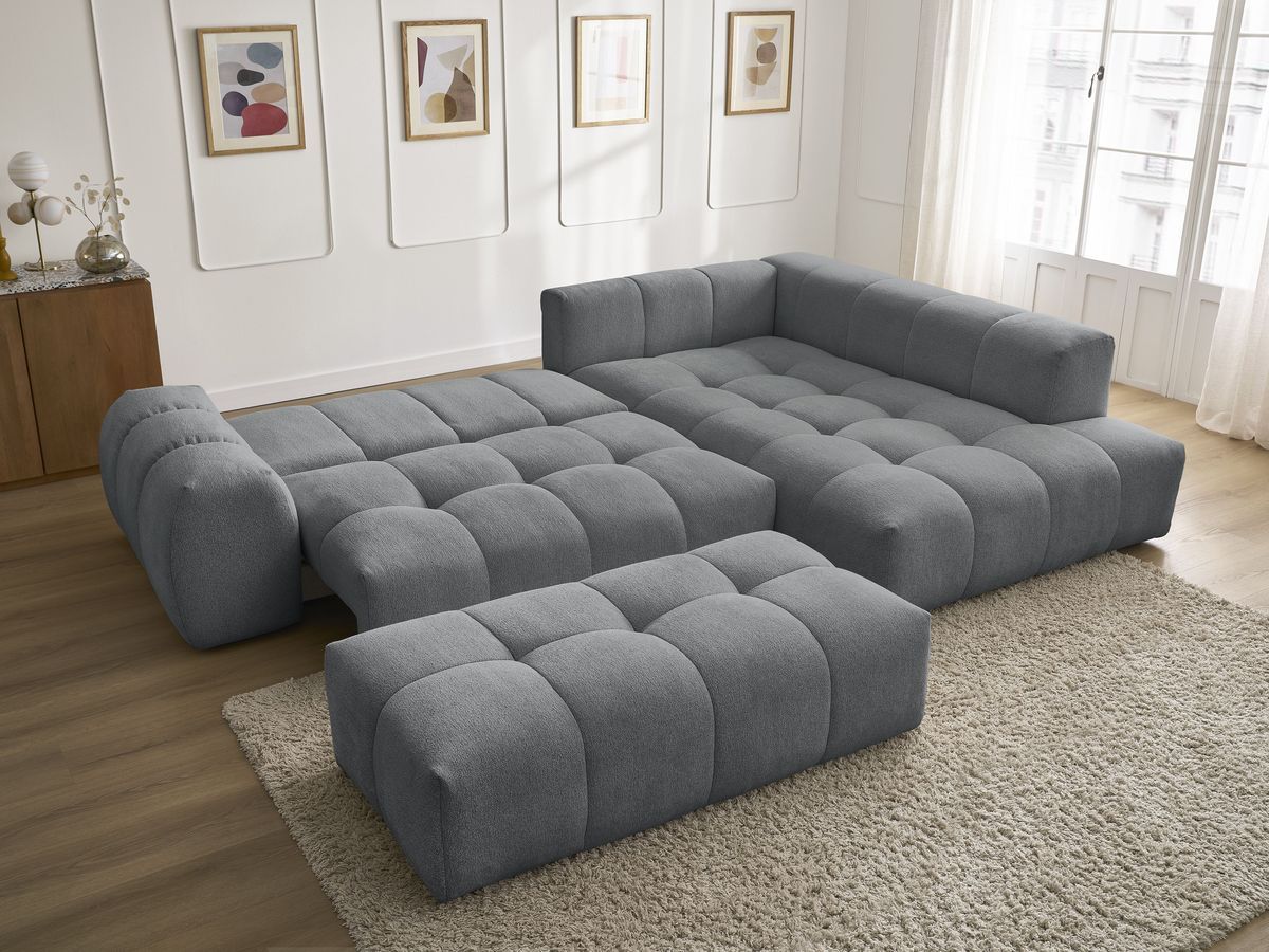 Bobochic Everest Ecksofa mit Schlaffunktion und Bettkasten und Pouf 320 × 212 cm, 5 Kissen Melange-Stoff Dunkelgrau Ecke rechts