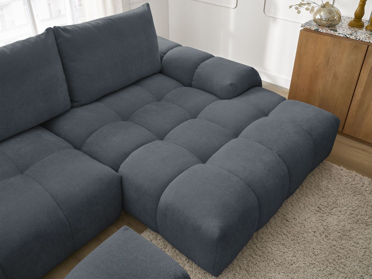 Bobochic Everest Ecksofa mit Schlaffunktion und Bettkasten und Pouf 318 × 180 cm, 3 Kissen Strukturstoff Blau Ecke rechts