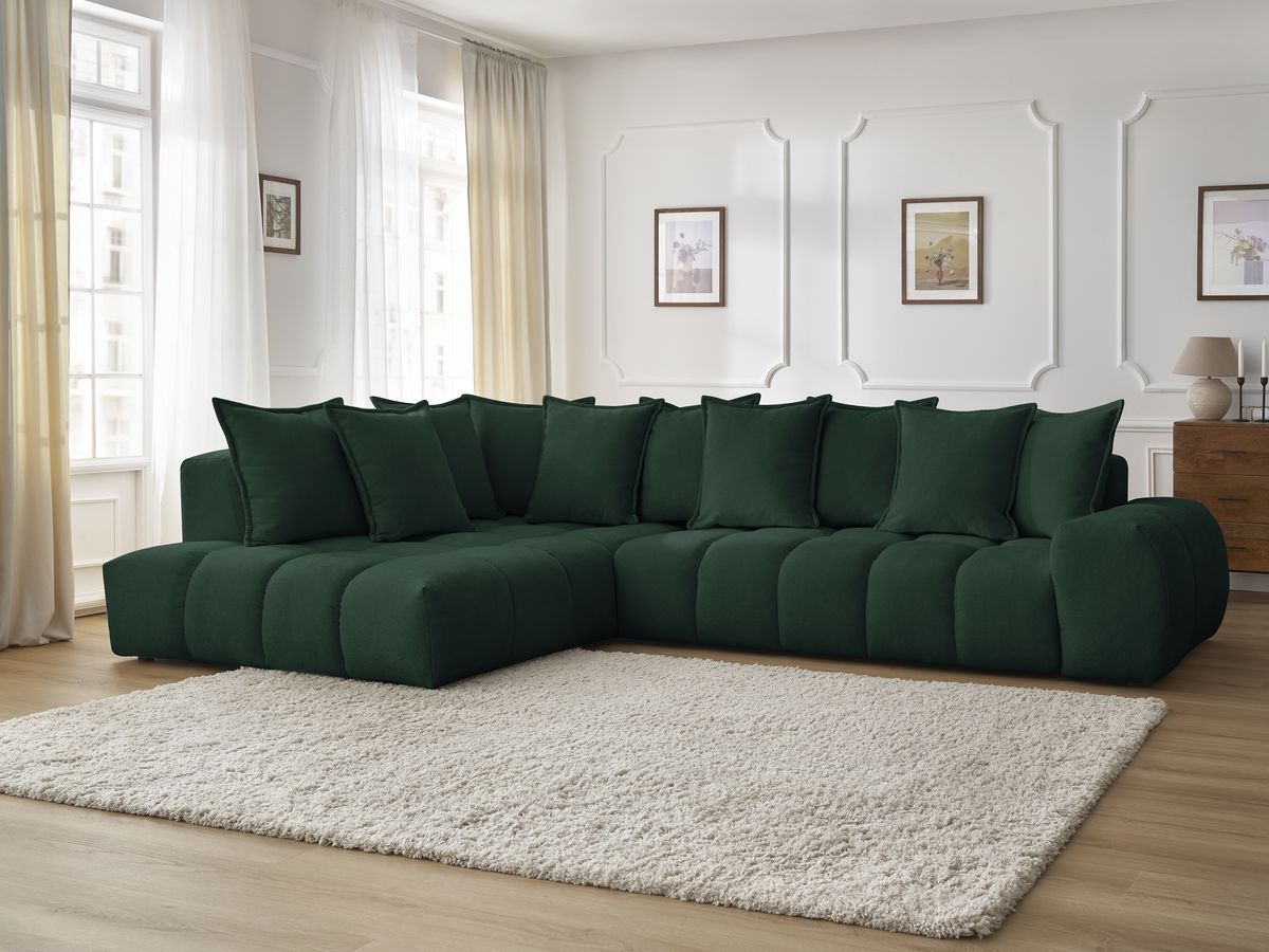 Bobochic Everest Ecksofa, 10 Kissen Strukturstoff Grün Ecke links