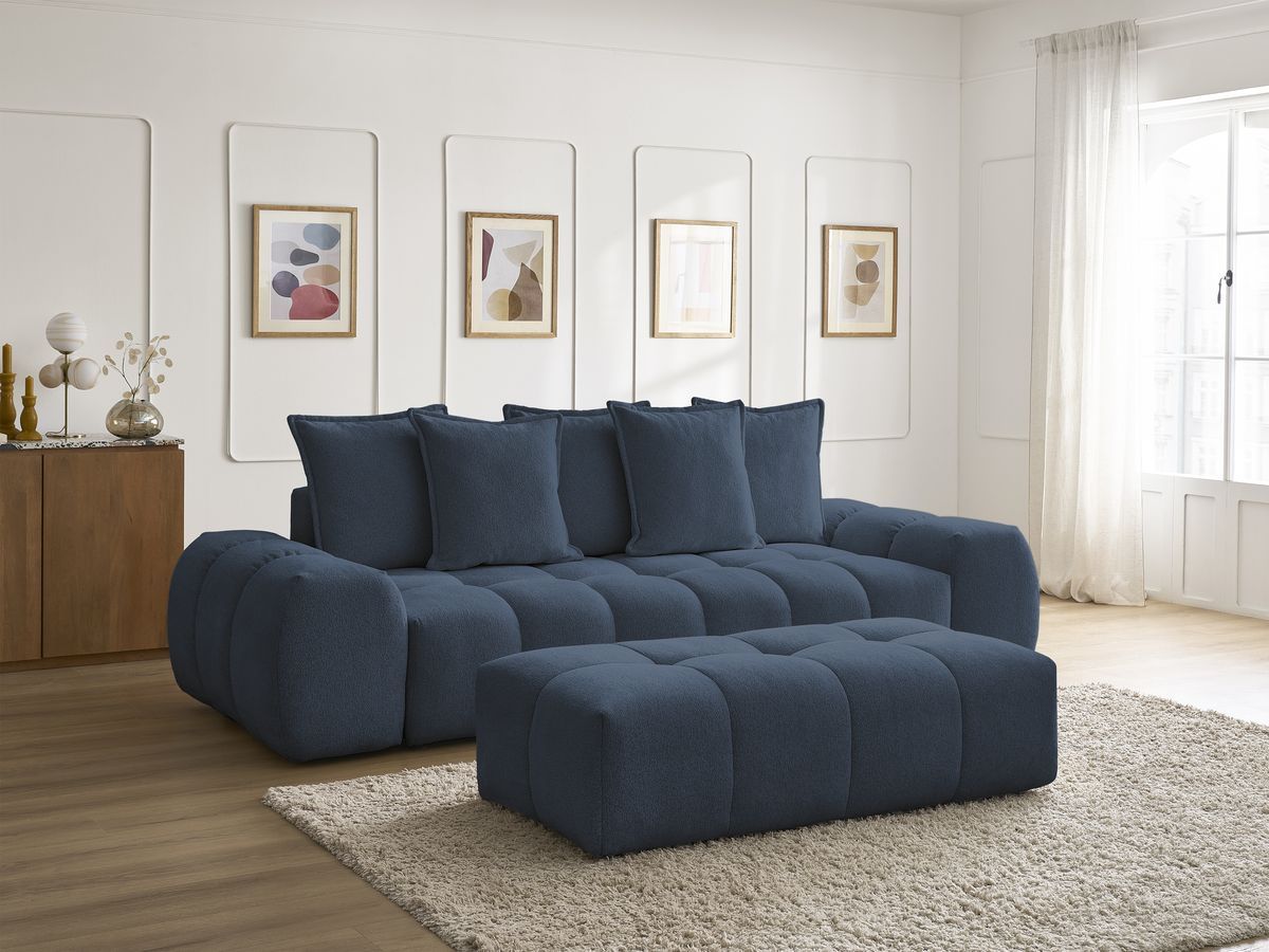 Bobochic Everest Sofa 3-Sitzer mit Pouf, 5 Kissen Melange-Stoff Dunkelblau