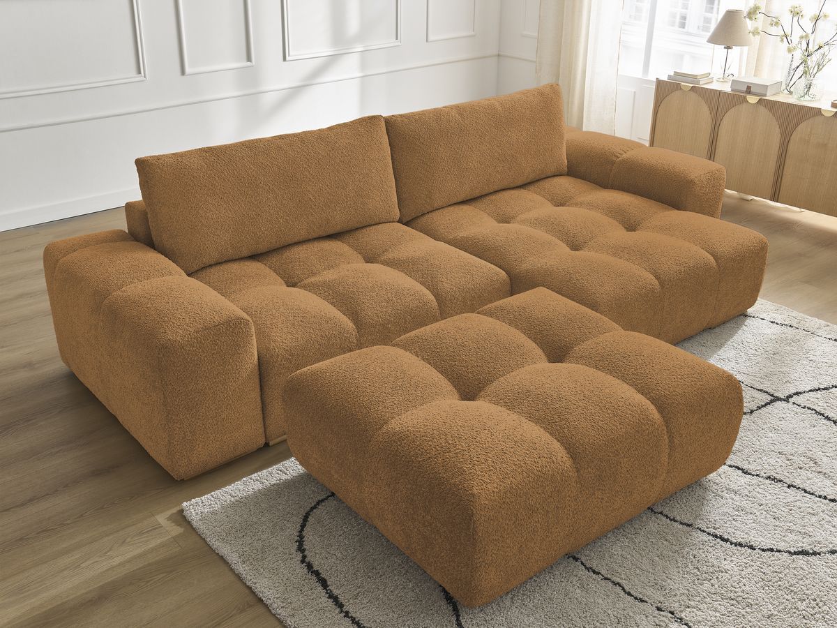 Bobochic Anakin Ecksofa mit Pouf, 2 Kissen Bouclé-Stoff Gelb