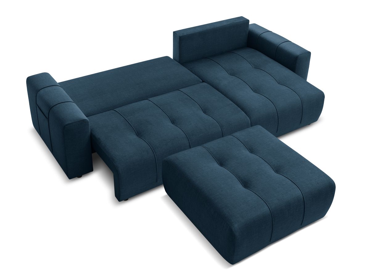 Bobochic Arsene Ecksofa mit Schlaffunktion und Bettkasten und Pouf 288 × 148 cm Samt Blau