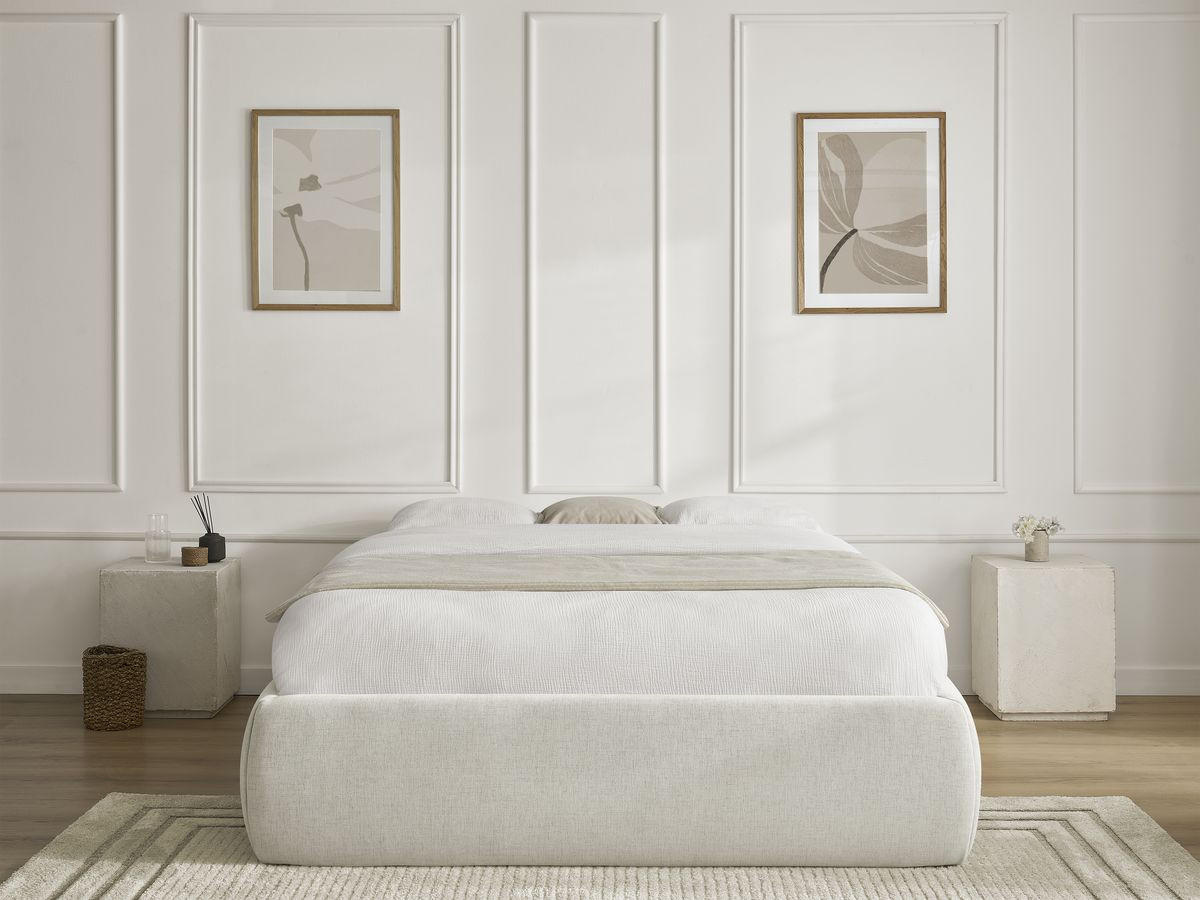 Bobochic Inera Bettgestell mit Bettkasten, ohne Kopfteil Stoff Beige, Liegefläche 160 × 200 cm