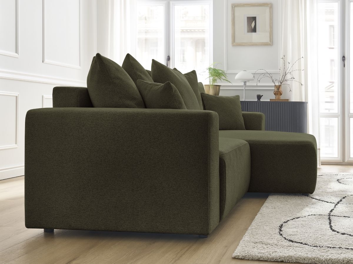Bobochic Atilla Ecksofa mit Schlaffunktion und Bettkasten Melange-Stoff Grün Ecke rechts