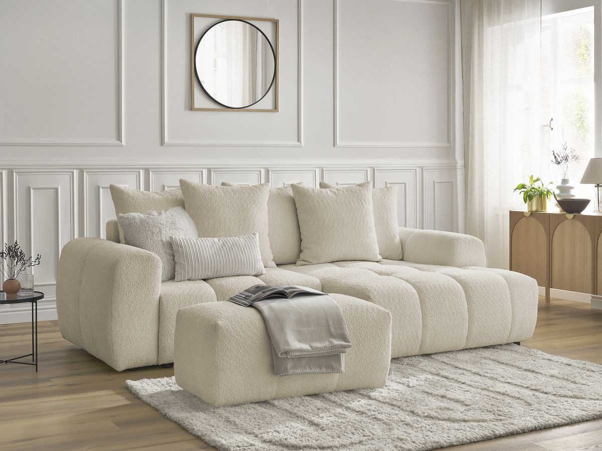 Bobochic Roxelane Ecksofa mit Schlaffunktion und Bettkasten und Pouf 258 × 150 cm Bouclé-Stoff Beige Ecke rechts