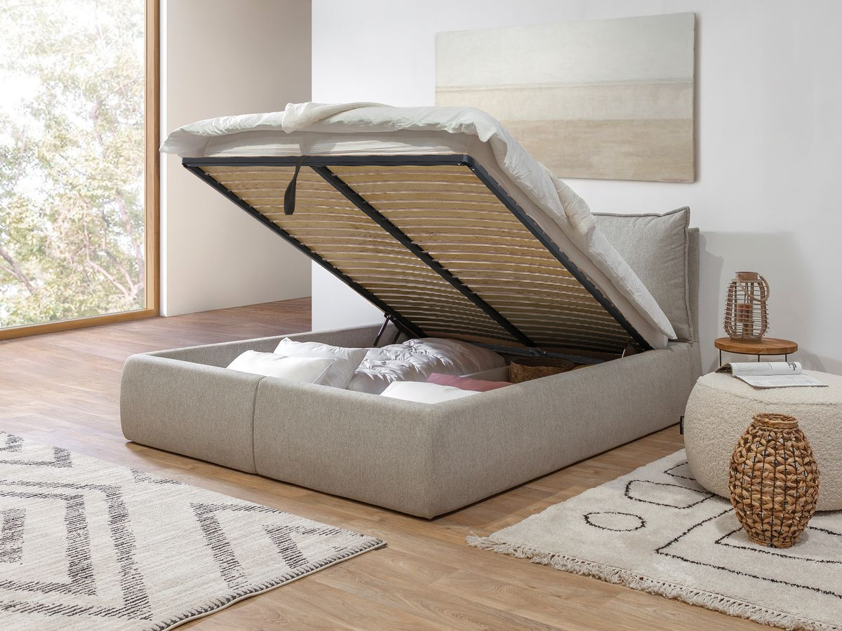 Bobochic Garance Polsterbett mit Bettkasten Stoff Beige, Liegefläche 180 × 200 cm