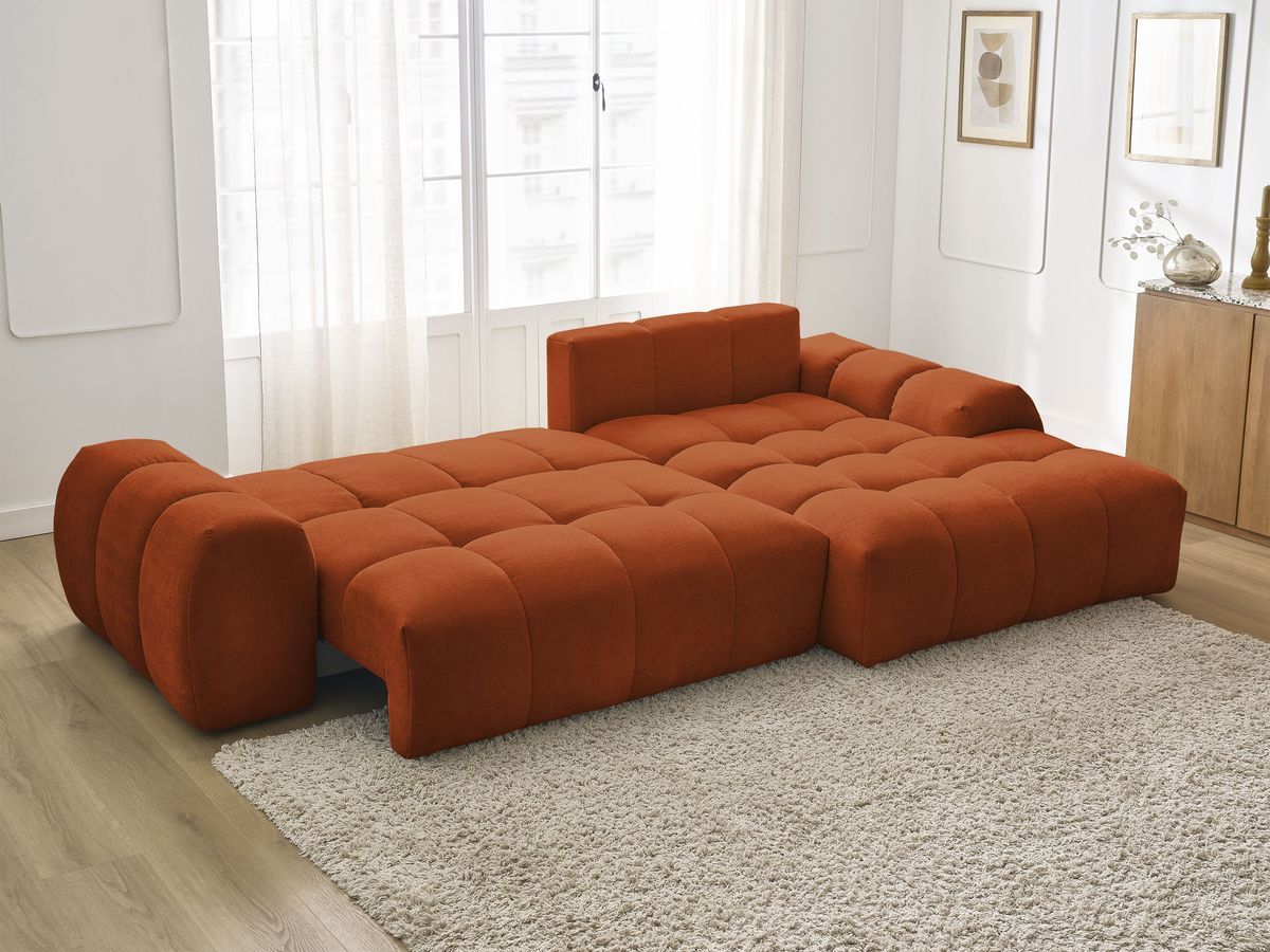 Bobochic Everest Ecksofa mit Schlaffunktion und Bettkasten 318 × 180 cm, 3 Kissen Strukturstoff Orange Ecke rechts