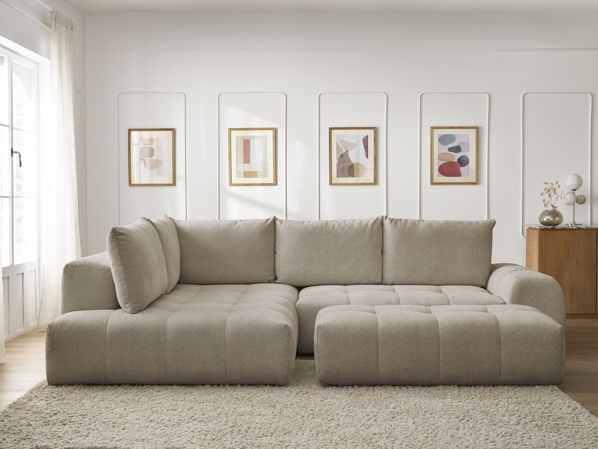 Bobochic Everest Ecksofa mit Schlaffunktion und Bettkasten und Pouf 320 × 212 cm, 5 Kissen Melange-Stoff Taupe Ecke links