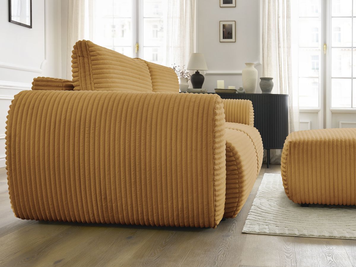 Bobochic Lucien Schlafsofa 4-Sitzer mit Bettkasten und Pouf Breitcord weich Gelb