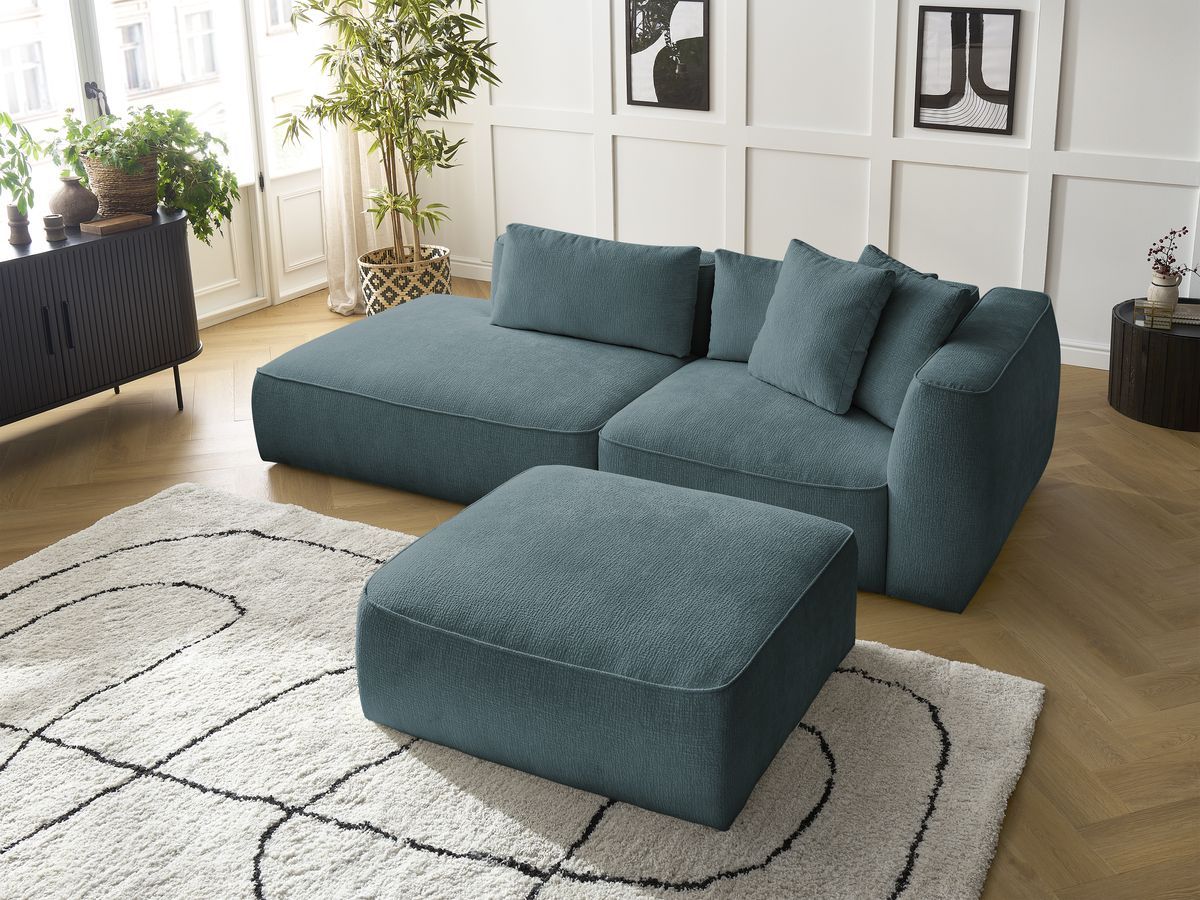 Bobochic Leopold Sofa 4-Sitzer mit Pouf Strukturstoff Dunkelblau Armlehne rechts