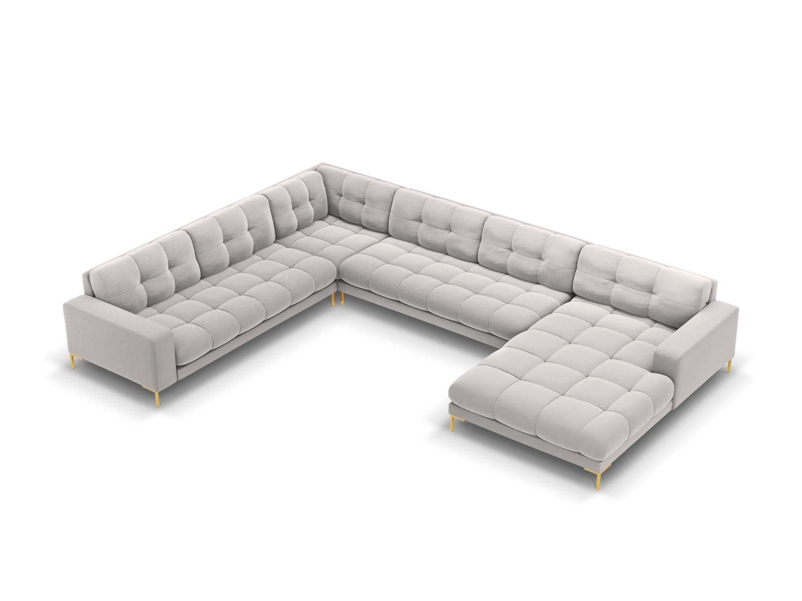 Cosmopolitan Design Panoramasofa Bali 7-Sitzer 327 cm Samt Bluvel Silber Links Beine Gold