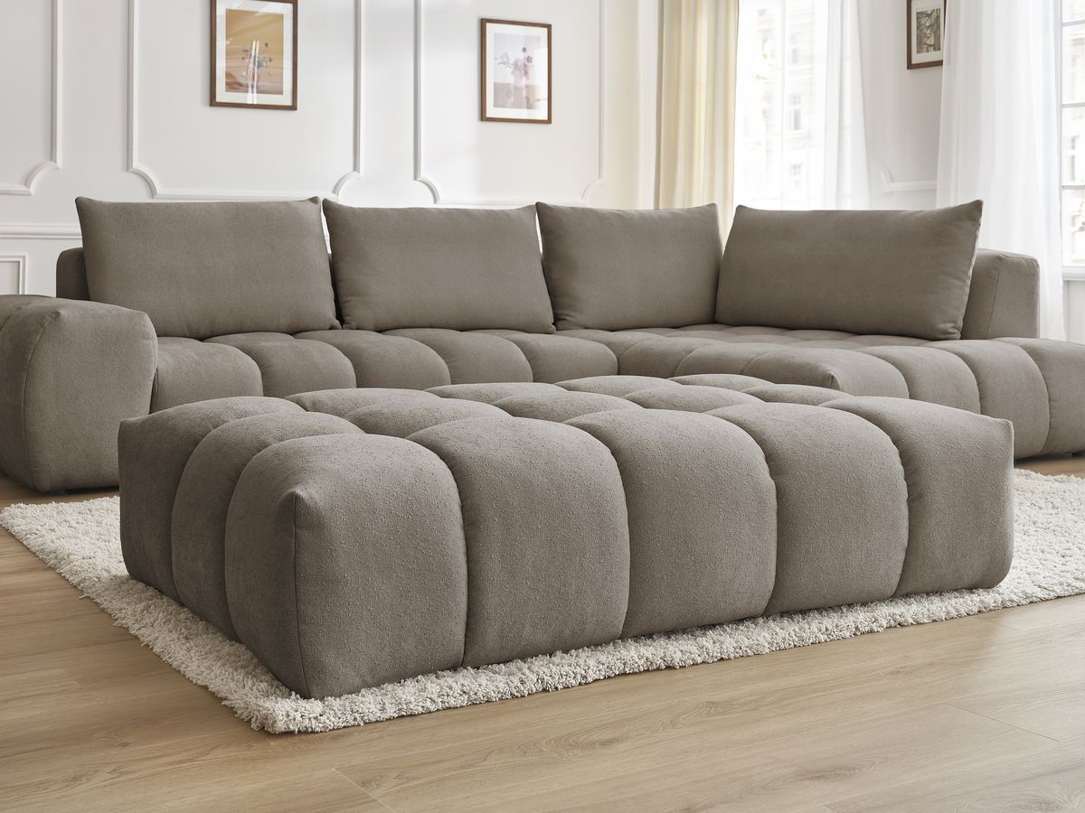 Bobochic Everest Ecksofa mit Schlaffunktion und Pouf, 4 Kissen Strukturstoff Taupe Ecke rechts