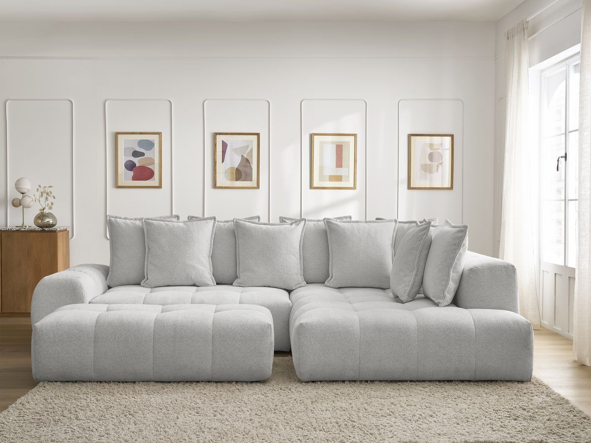 Bobochic Everest Ecksofa mit Schlaffunktion und Bettkasten und Pouf 320 × 212 cm, 10 Kissen Melange-Stoff Hellgrau Ecke rechts
