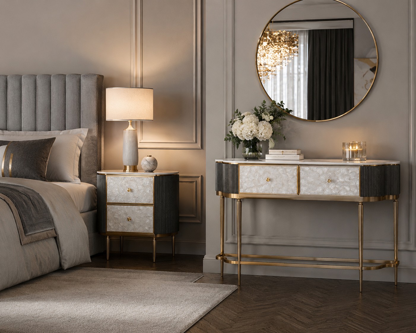 Livin Hill Nachttisch Stilig Bedroom 55 cm Dunkles Metallic-Braungrau, Platte Weiß