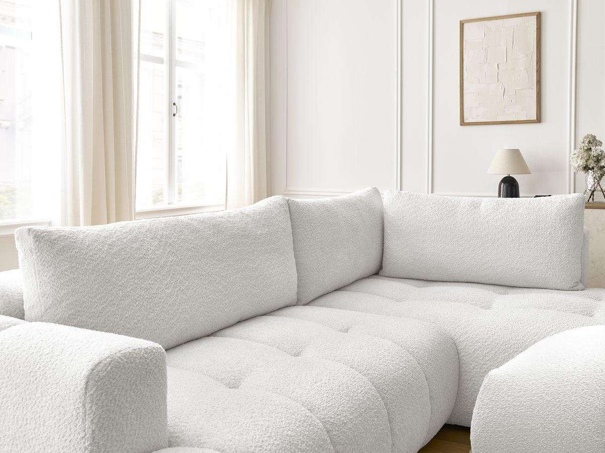 Bobochic Fuji Ecksofa mit Schlaffunktion und Bettkasten und Pouf 282 × 204 cm Bouclé-Stoff Weiß Ecke rechts