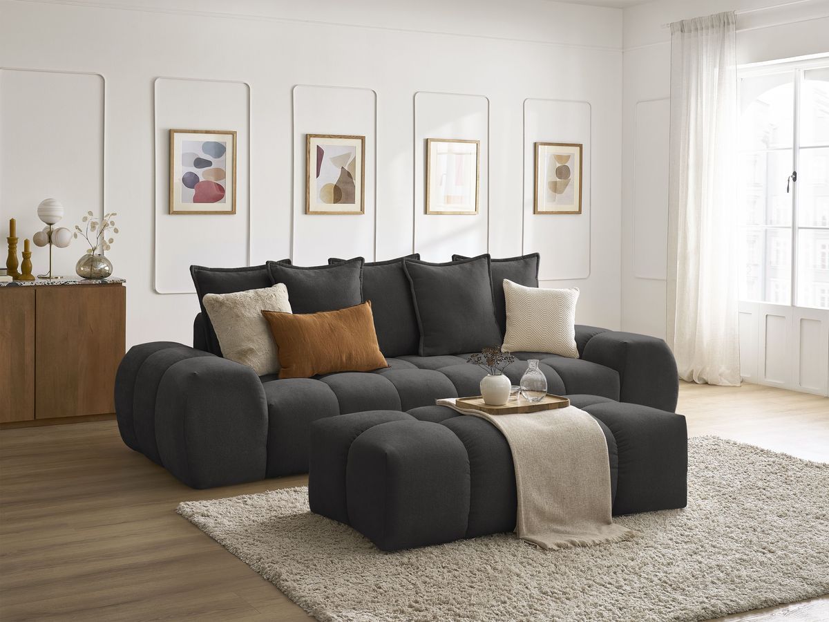 Bobochic Everest Schlafsofa 3-Sitzer mit Bettkasten und Pouf, 5 Kissen Strukturstoff Schwarz