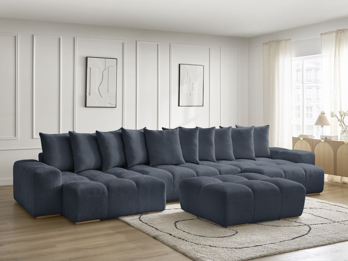 Bobochic Anakin Wohnlandschaft mit Pouf, Liegefläche 137 × 382 cm, 10 Kissen Strukturstoff Dunkelblau