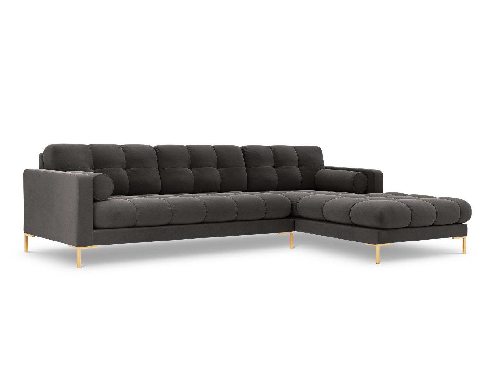 Cosmopolitan Design Ecksofa Bali 5-Sitzer Samt Bluvel Dunkelgrau Melange Rechts Beine Gold