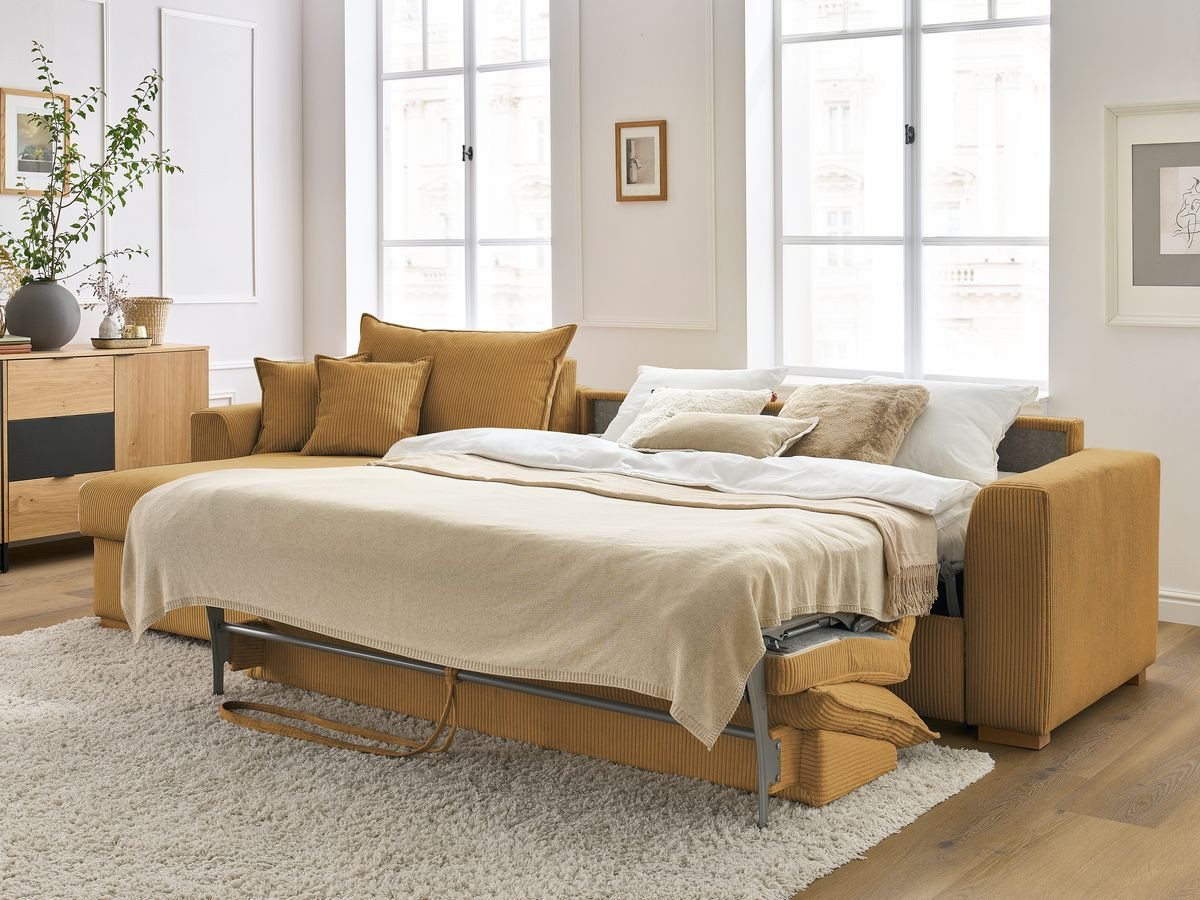 Bobochic Augustin Ecksofa mit Schlaffunktion und Bettkasten Cordsamt Gelb, Liegefläche 160 × 200 cm