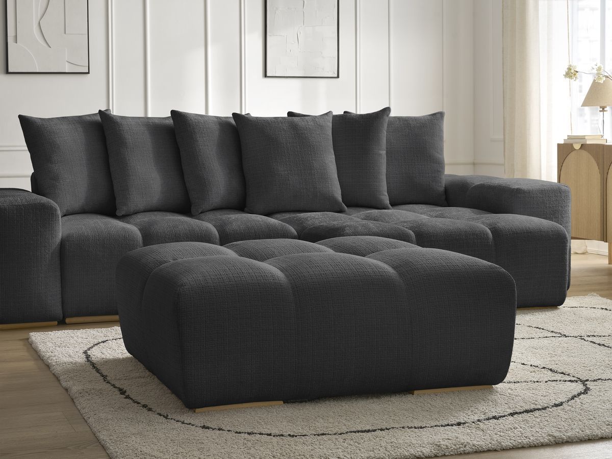 Bobochic Anakin Ecksofa mit Schlaffunktion und Bettkasten und Pouf, 6 Kissen Strukturstoff Schwarz