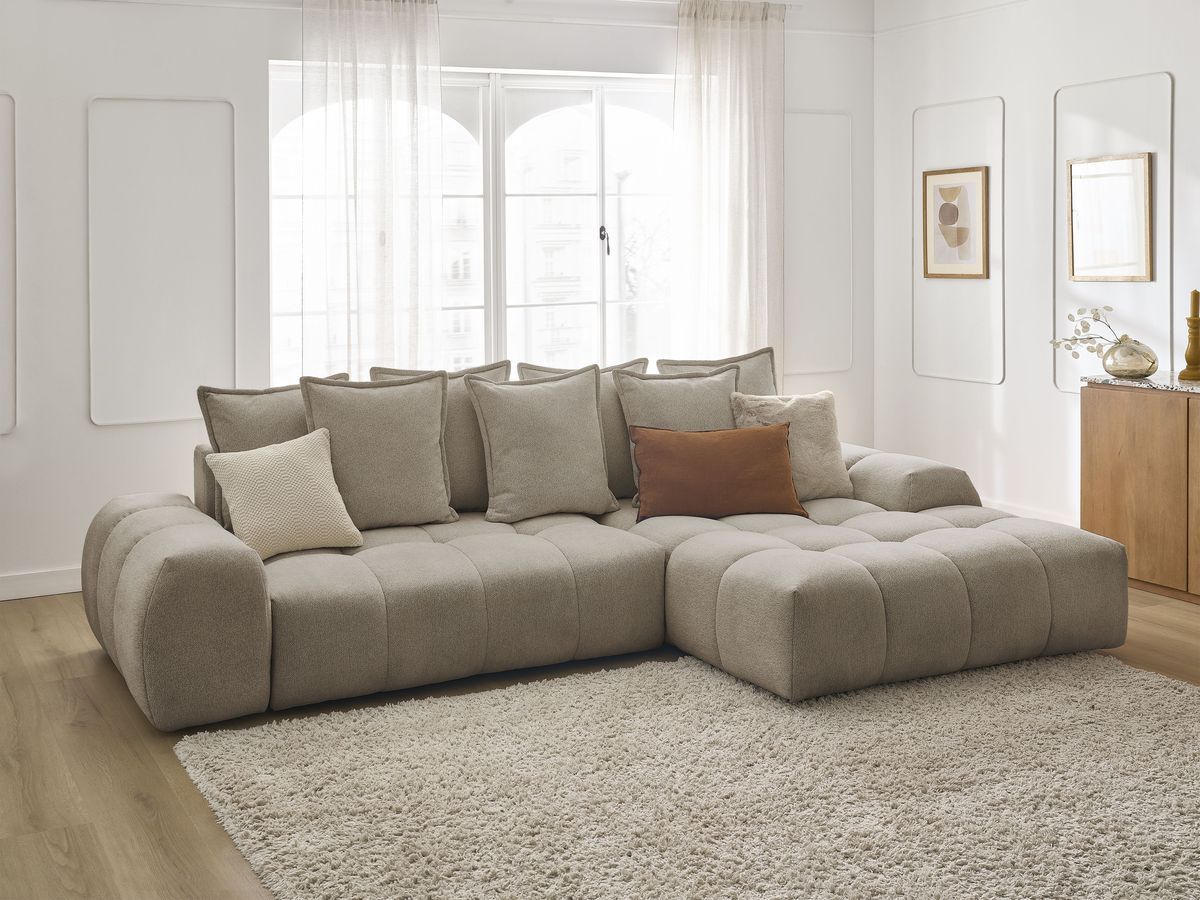 Bobochic Everest Ecksofa mit Schlaffunktion und Bettkasten 318 × 180 cm, 7 Kissen Melange-Stoff Taupe Ecke rechts