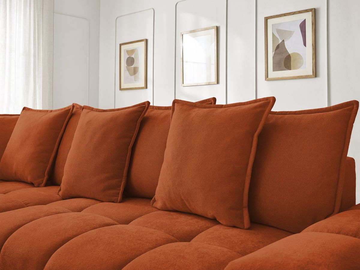 Bobochic Everest Ecksofa mit Schlaffunktion und Bettkasten 320 × 212 cm, 10 Kissen Strukturstoff Orange Ecke links