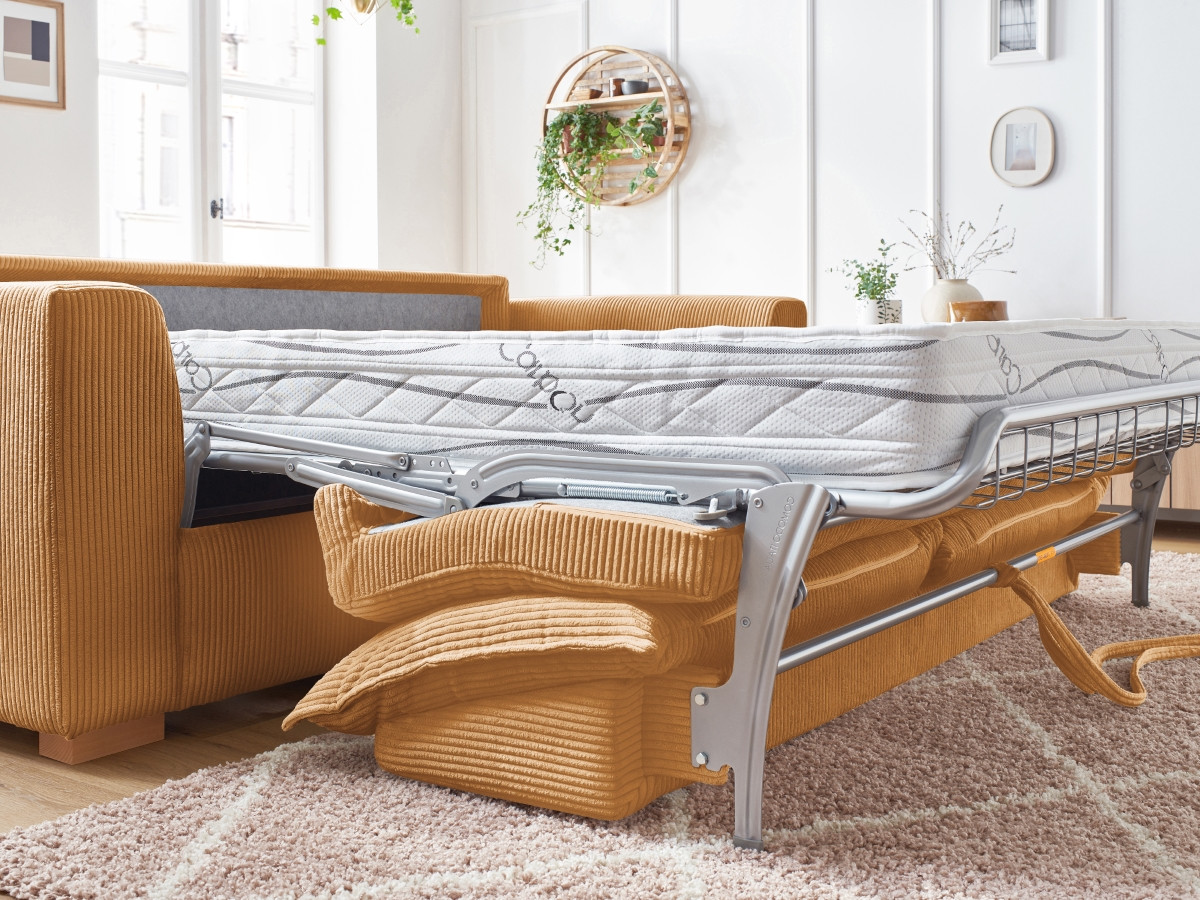 Bobochic Augustin Schlafsofa 3-Sitzer Cordsamt Gelb, Liegefläche 140 × 200 cm