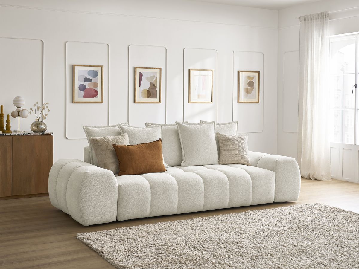 Bobochic Everest Schlafsofa 3-Sitzer mit Bettkasten, 5 Kissen Melange-Stoff Weiß