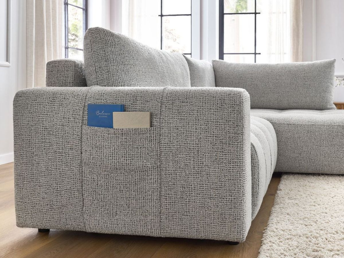 Bobochic Arsene Ecksofa mit Schlaffunktion und Bettkasten 277 × 200 cm Melange-Stoff Hellgrau Ecke rechts