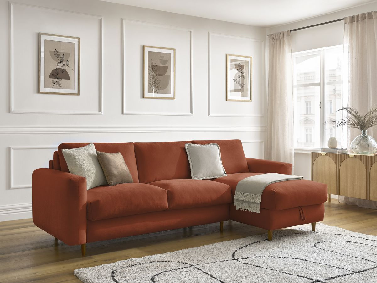 Bobochic Cocoone Ecksofa mit Schlaffunktion und Bettkasten Stoff Orange, Liegefläche 140 × 200 cm