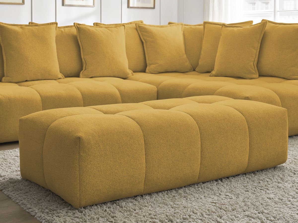 Bobochic Everest Ecksofa mit Schlaffunktion und Bettkasten und Pouf 320 × 212 cm, 10 Kissen Melange-Stoff Gelb Ecke rechts