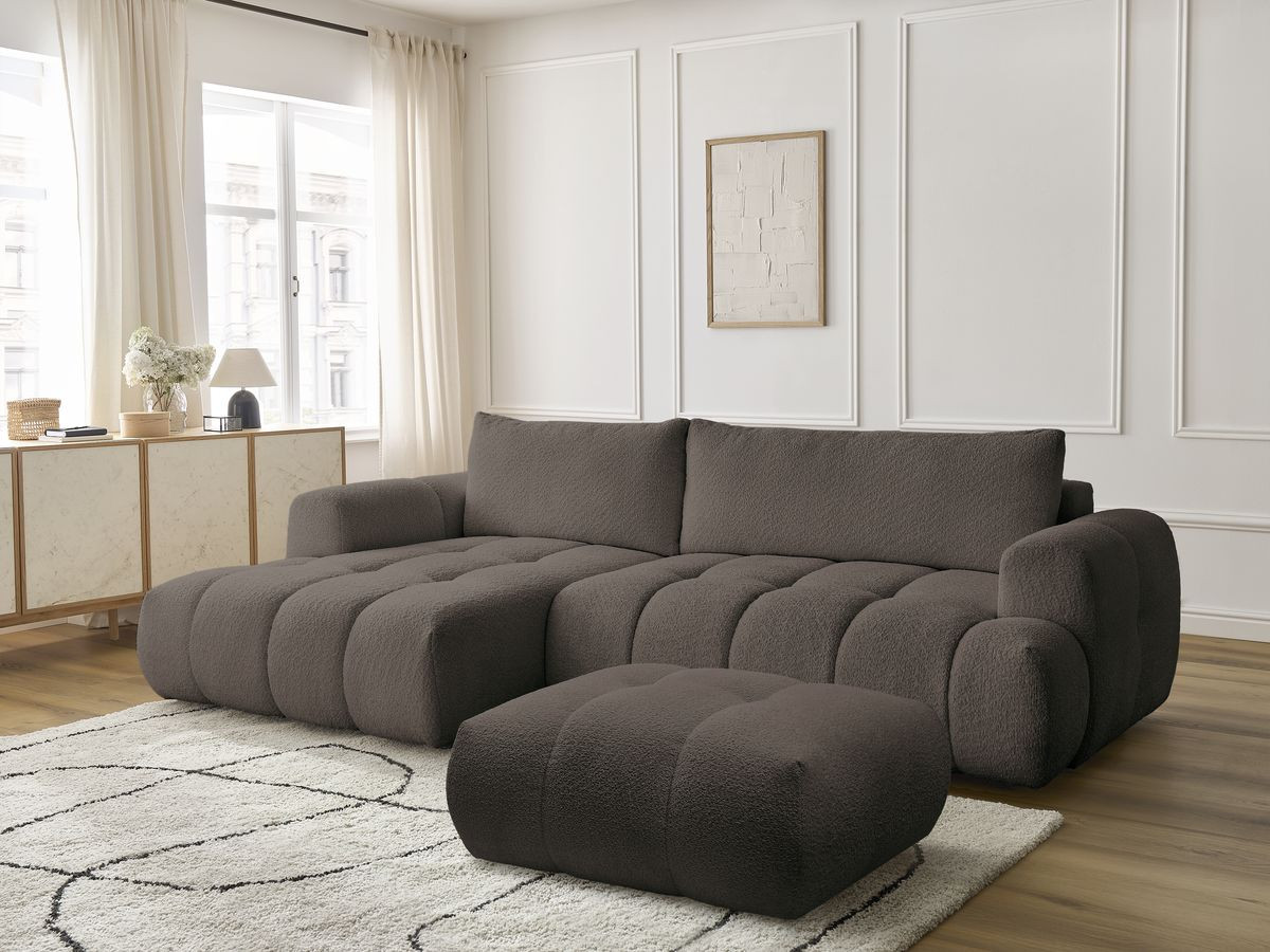 Bobochic Fuji Ecksofa mit Schlaffunktion und Bettkasten und Pouf 292 × 160 cm Bouclé-Stoff Braun Ecke links