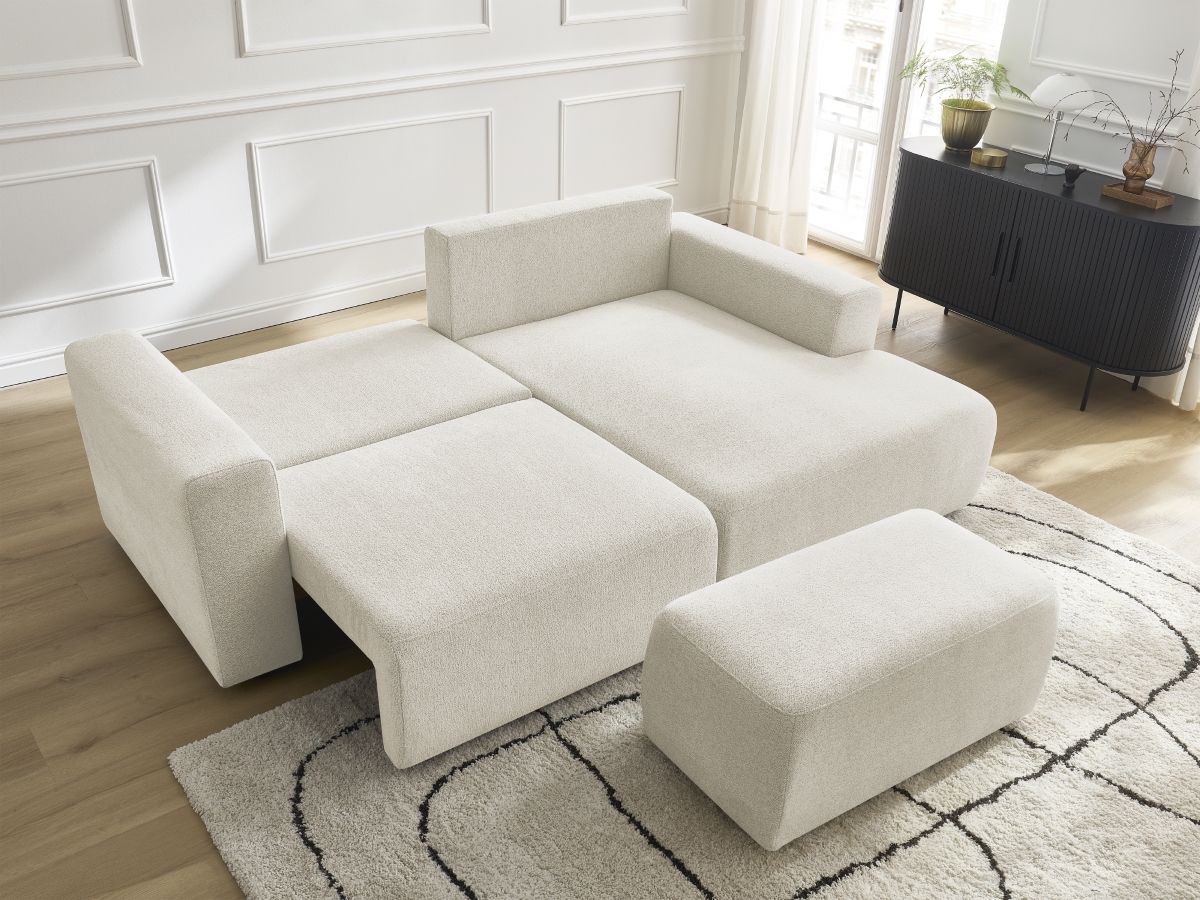 Bobochic Atilla Ecksofa mit Schlaffunktion und Bettkasten und Pouf Melange-Stoff Weiß Ecke rechts