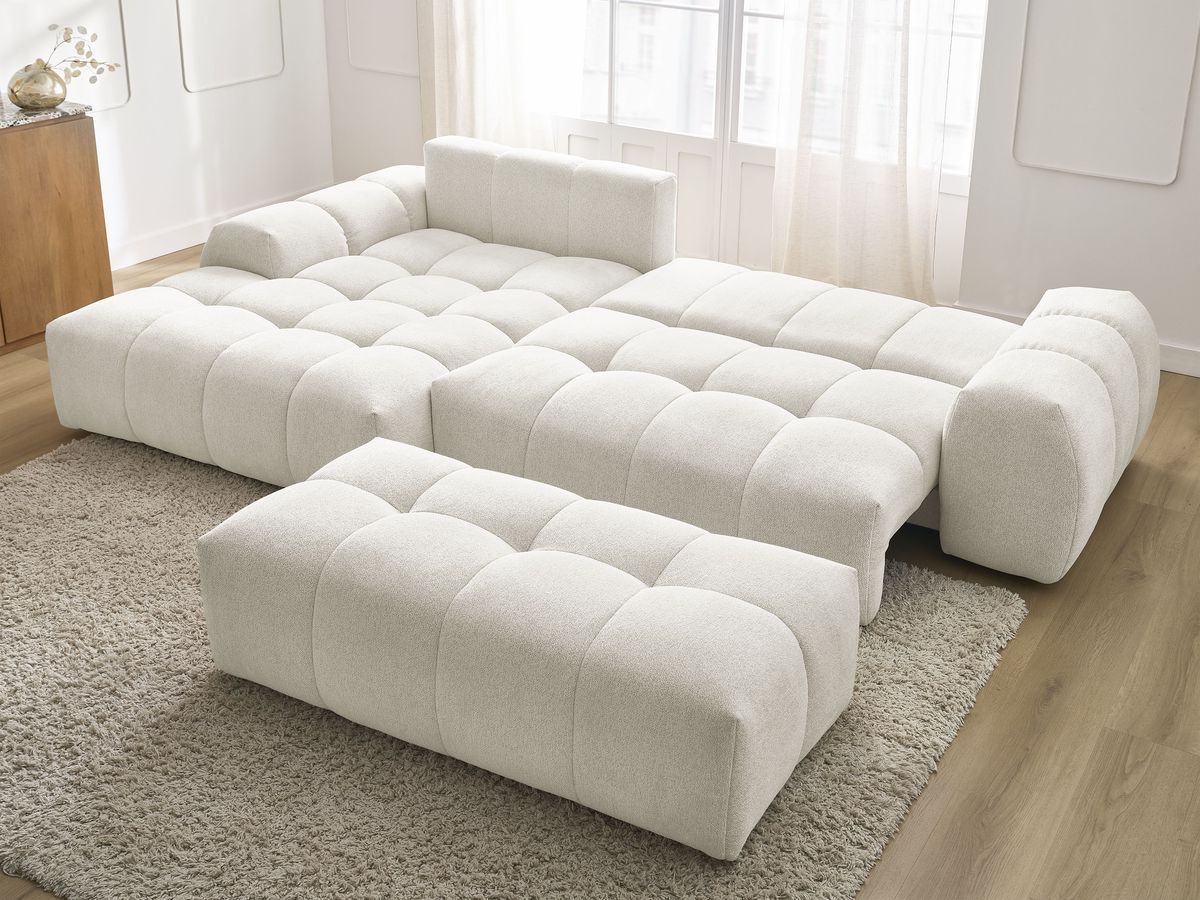 Bobochic Everest Ecksofa mit Schlaffunktion und Bettkasten und Pouf 318 × 180 cm, 3 Kissen Melange-Stoff Weiß Ecke links